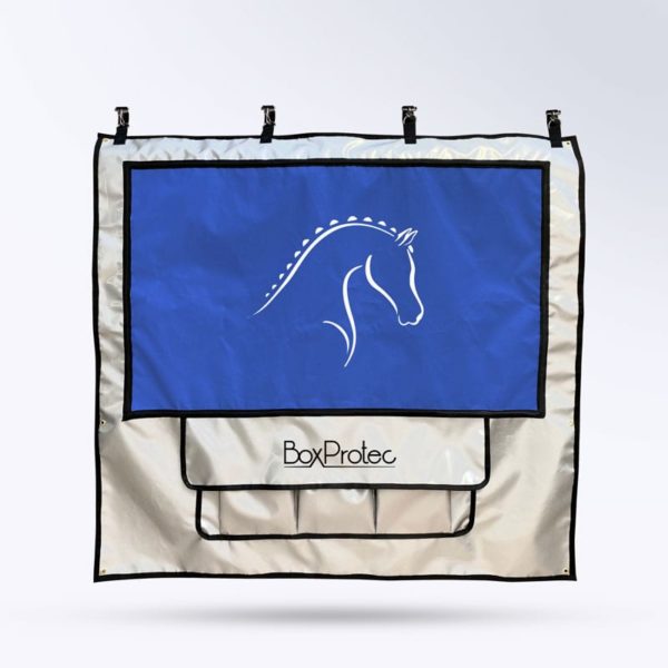 tenture de box avec pochettes et toile micro-aéré pour chevaux argent et bleu